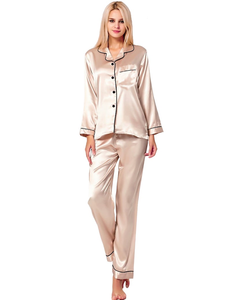 SWOMOG Womens Silk Satin Pajamas Long Sleeve Loungewear Two-Piece Sleepwear Button-Down Pj Set Champagne - Image 3